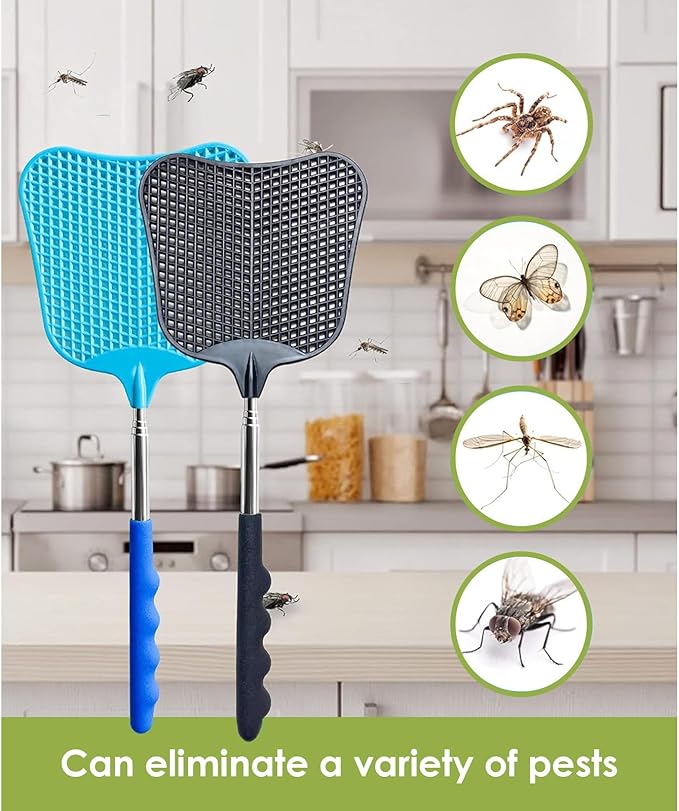 Fly Swatter Heavy Duty Set, with Durable Telescopic Stainless Steel Extendable Handles, for Home, Classroom, Indoor Outdoor Office, 2Pcs, Blue