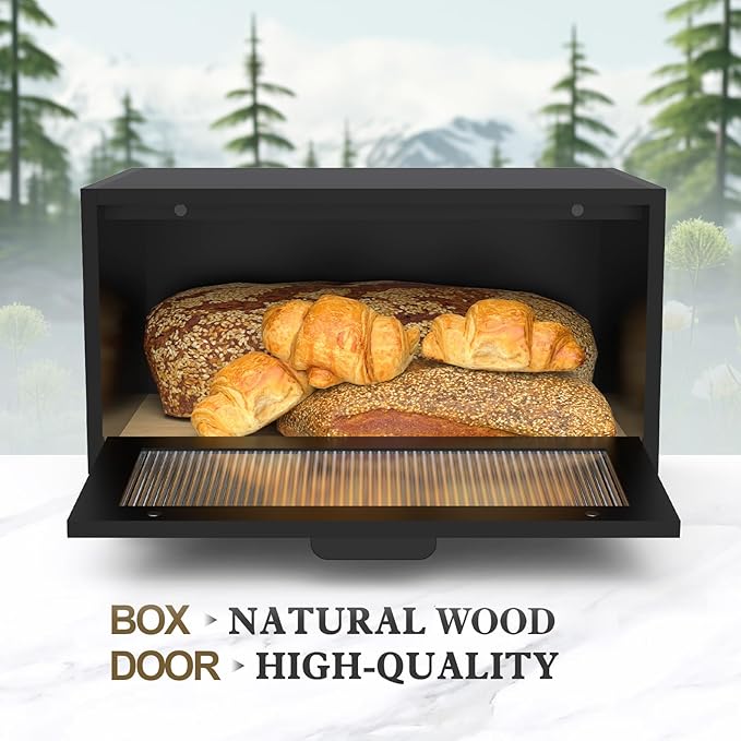 LOHASOK Bread Box for Kitchen Countertop Farmhouse Bread Holder Bread Storage Wooden Bread Container Black