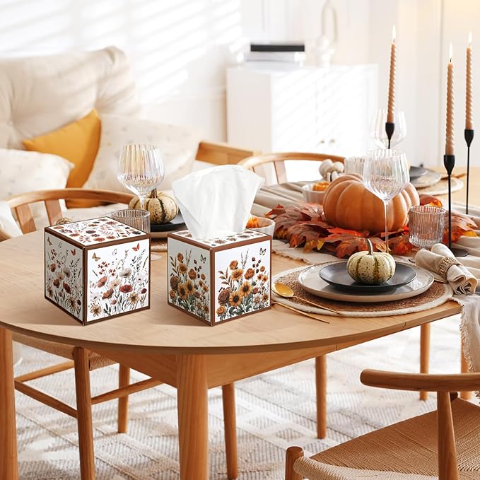 12 Pack Fall Wildflower Floral Facial Tissues Cube Boxes 600 Sheets 3 Ply Autumn Small Flower Square Face Tissues Bulk for Thanksgiving Day Car Bedroom Party Supplies