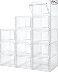 Attelite Upgrade 12pack Shoe Box Storage Containers,Thicken Sturdy Clear Stackable Plastic Shoe Organizer Box with Magnetic Door, X-Large Drop Front Shoe Box