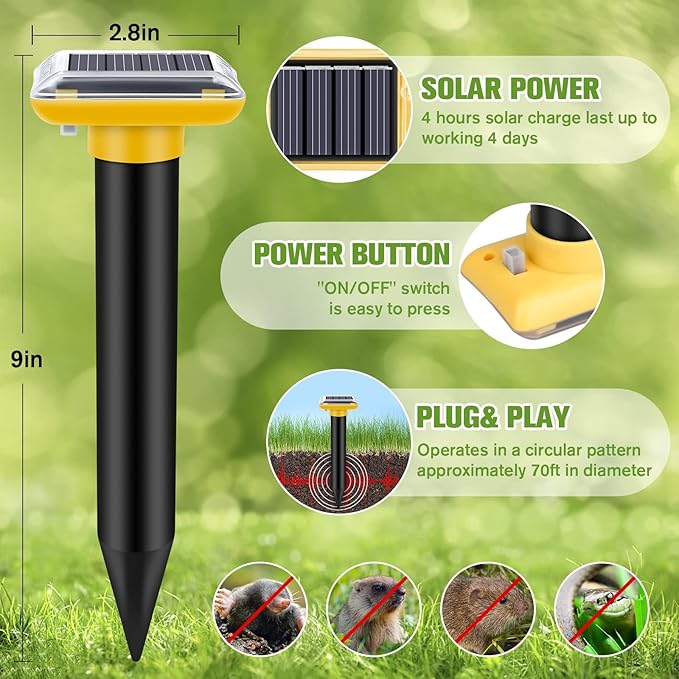 Solar Ultrasonic Mole Repellent, Gopher Repeller Outdoor, Solar Powered Waterproof Snake Repellent for Yard Deterrent Gopher Vole Snake Pest and Other Animals from Lawn Garden Yard Home(2 Packs)