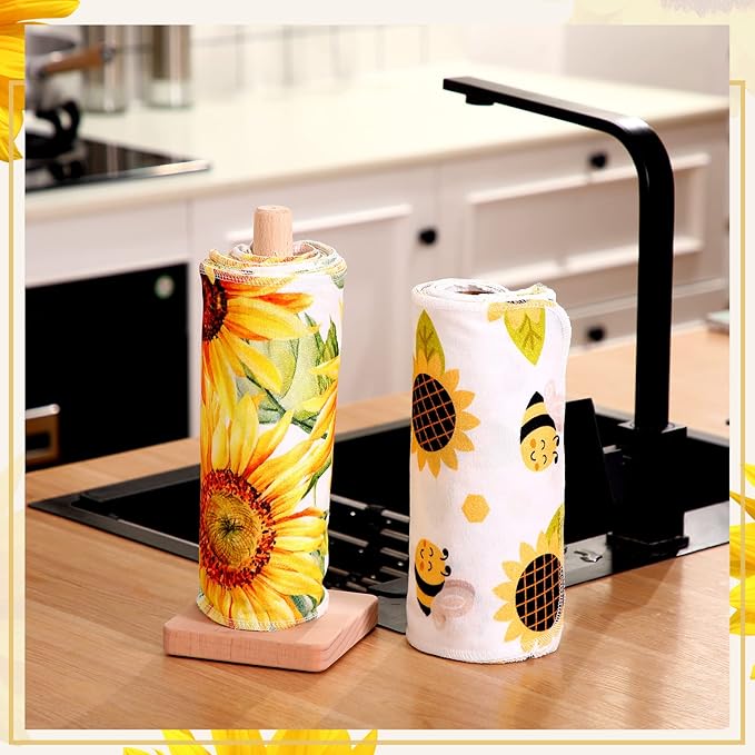 Redbaker 50 Pcs Reusable Paper Towels Paperless Reusable Cotton Cloths Toilet Absorbent Washable Paper Towels with Roll Kitchen Dishcloth for Kitchen Paperless Dishcloths(Sunflower)