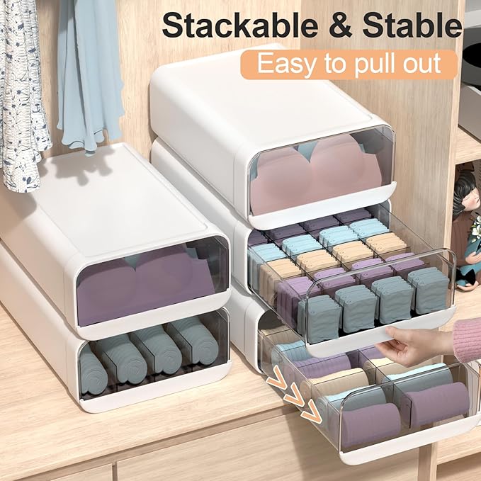 Underwear Organizer Drawer, 1 Cell Plastic Sock Underwear Storage Drawer, Stackable Closet Organizers and Storage Box for Bras, Socks, Scarves, Ties, Belt (King Size-White, 1 Pcs)