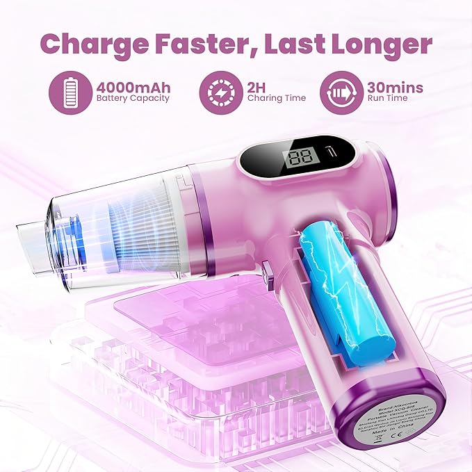 Pink Car Vacuum Cleaner,Portable Mini Cordless Small Handheld Vacuum Cleaner with LCD Display and Multi-Nozzles Powerful Hand Held Vacuums for Car,Pet Hair,Home,Office,Sofa,Keyboard