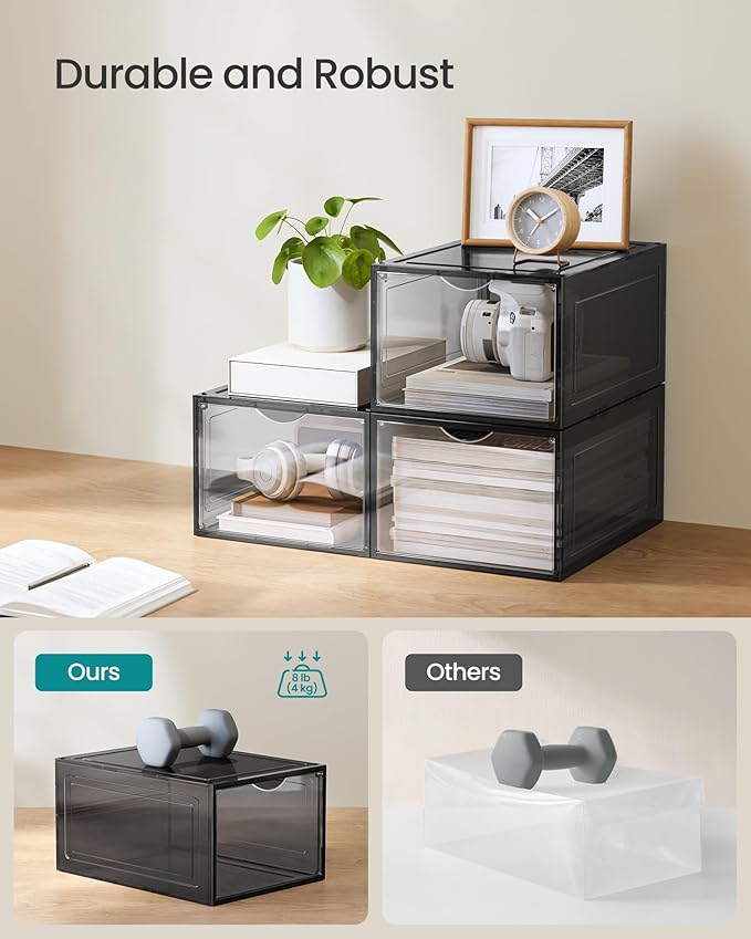 SONGMICS Shoe Boxes, Set of 6, Clear Plastic Shoe Storage, Stackable Sneaker Box, Drop Front Door, Up to US Size 11, Easy Assembly, 13 x 9.8 x 7.1 Inches, Transparent Black ULSP406B01V1