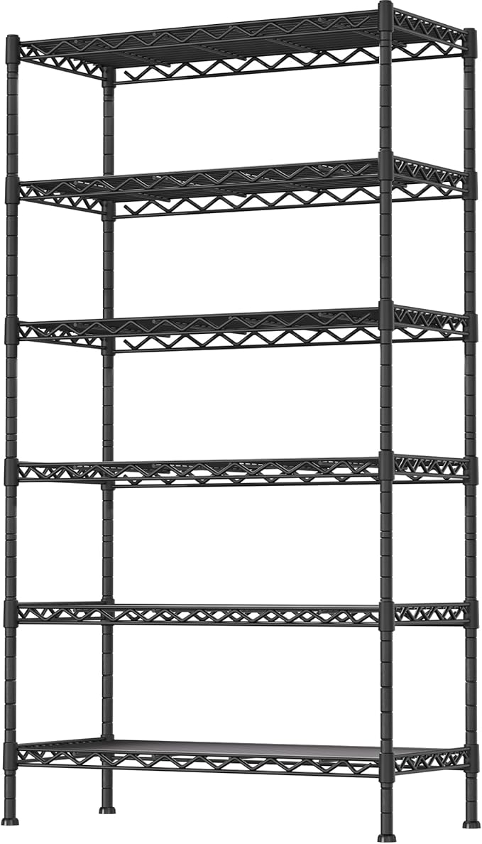 Soywey 6-Shelf Adjustable Heavy Duty Storage Shelving Unit, Metal Organizer Wire Rack for Laundry Bathroom Kitchen Pantry Closet No Wheels, Black