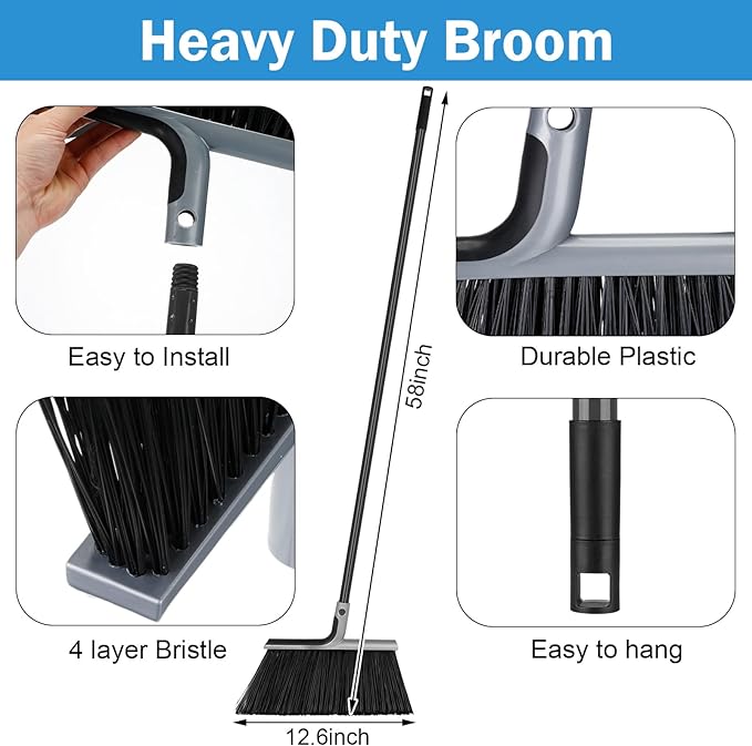 4 Set Broom and Dustpan Set 58 Inch Commercial Broom and Dustpan Combo Set Heavy Duty Lobby Dust Pan Bulk for Lobby Office Home Indoor Outdoor Cleaning Supplies