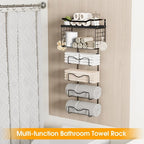 Towel Racks for Bathroom,Towel Rack Wall Mounted, 6 Tier Rolled Or Folded Towel Holder with Floating Shelves, Bathroom Towel Holder for Bath, Hand Towels,Metal and Wood,Full Black