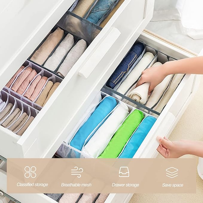 Wardrobe Clothes Organizer, 7 Grids Washable Portable Closet Organizer Mesh Separation Storage Box Foldable Closet Drawer Organizer for Underwear, Socks, Scarves, Jeans (Grey, 4 Jeans Grid)