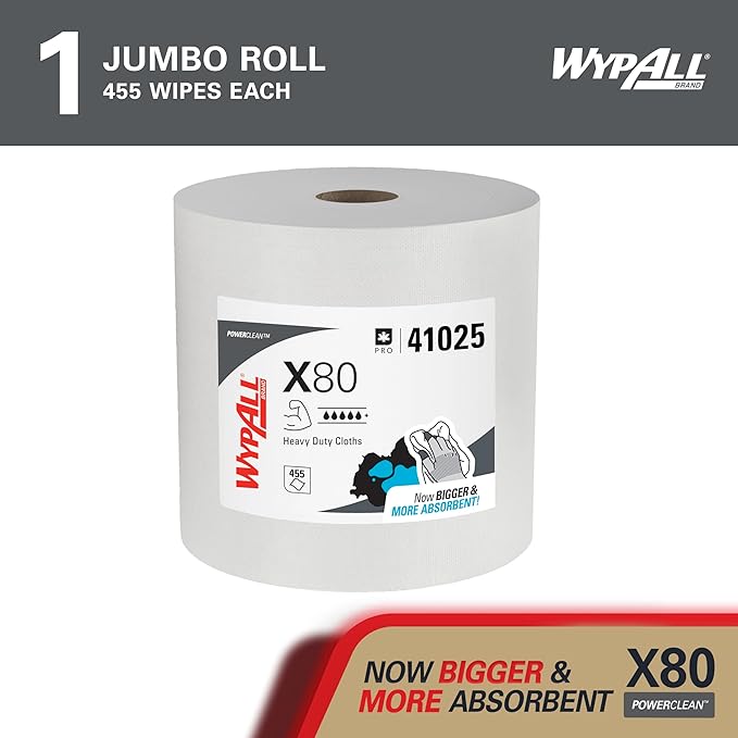 WypAll PowerClean X80 Cloths Heavy Duty Wipes (41025), Jumbo, Extended Use Towels, White (1 Roll of 455 Sheets, 455 Sheet Total)