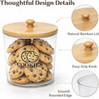 Cookie Jars with Wooden Lids Airtight, 2L Plastic Cookie Tin, Wide Mouth Candy Jar, Kitchen Counter Food Storage Container, Cute Jar for Gift Giving, BPA-Free, Round, Clear