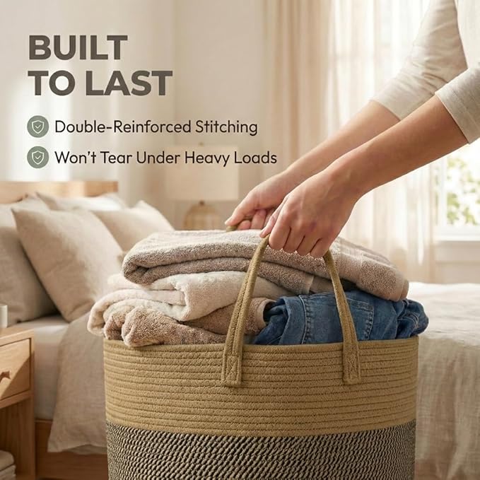 JMvicyroam 65L Extra Large Blanket Basket for Living Room - Woven Cotton Rope Laundry Hamper with Reinforced Handles - Storage Bin for Pillows, Comforters & Toys - Machine Washable,Jute&Black