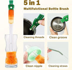 XYFuuee 5 Pack Dish Bottle Brush Set with 5-in-1 Cup Cleaning Brush, Dish Scrub Long Handle Brush with Scraper Tip, 3 Straw Cleaner Brushes, Washing Kitchen Sink Pot Pan Water Bottle Stove