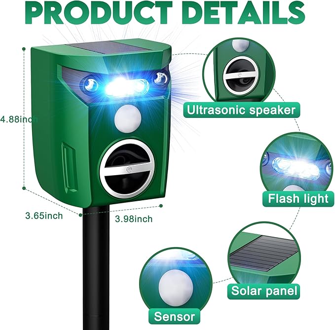 1 Pack Solar-Powered Ultrasonic Animal Repellent Outdoor, Deer Repellent Devices with Motion Sensor, Waterproof Deer, Cat, Raccoon, Coyote, Rabbit Deterrent for Yard, Garden, Farm