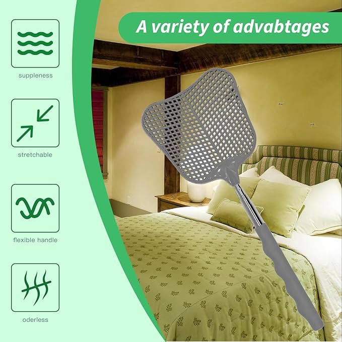 MYSTICHOME Fly Swatter 1 Pack, Durable Heavy Duty Plastic Fly Swatters, Stainless Steel Telescopic FlySwatter for Indoors/Outdoor/Kitchen/Garden (Grey)