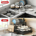 2 Tier Stainless Steel Dish Drying Rack with Auto-Draining Drainboard, Utensil Holder, Detachable & Space Saving Kitchen Counter Organizer, (Black),Chaos Coordinator Gifts