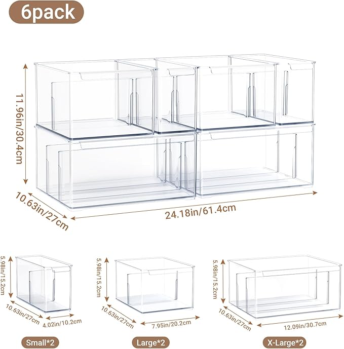 Clear Plastic Storage Bins with Dividers for Kitchen Pantry Organization, 6 Pack Large Thicken Stackable Storage Drawer Boxes for Refrigerator Cabinets Vanity Organizers and Storage, C6-4
