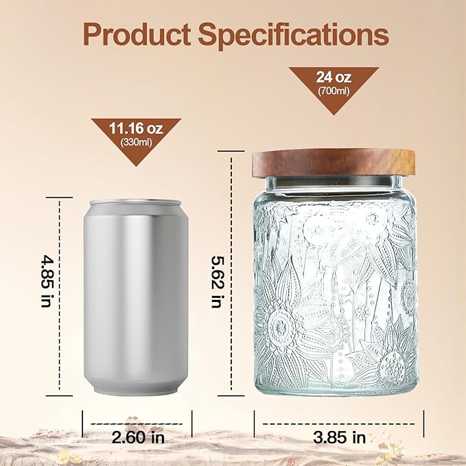 4-Pack 24 OZ Vintage Glass Jar with Lid, Airtight Food Storage Canisters with Bamboo for Kitchen Counter Pantry, Ideal for Coffee, Candy, Tea, Oats, Sugar, Cookies Decorative Jars