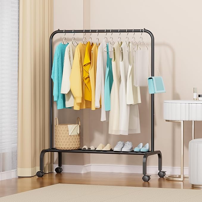 STARLATTA Rolling Clothing Racks for Hanging Clothes, Garment Rack for Clothes to Hang, Metal Portable Wardrobe Rack for Coats, Jackets, Shirts, Dress,Black