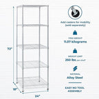 Honey-Can-Do 5-Tier Heavy-Duty Adjustable Shelves, Metal Storage Rack with 250-lb Shelf Capacity, White, 18" W x 24" L x 72" H