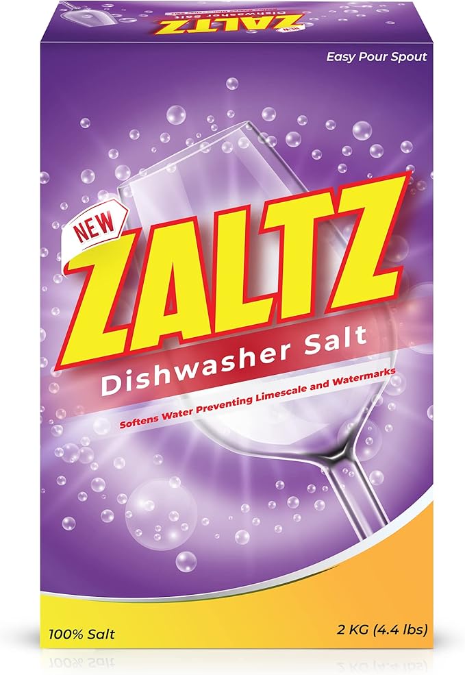 Zaltz Dishwasher Salt - Water Softener, Cleaner, Rinse Aid With Easy Pour Spout - Real Salt For Dishwashers, 4.4 lb Box