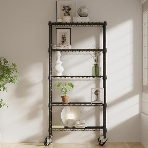 2 Pack 5 Tier Shelving Unit Wire Rack, Heavy Duty Adjustable Shelf Rolling Storage Shelves with Wheels, 14" D x 30" W x 60" H 750 lbs Capacity Kitchen Garage Pantry Shelves for Small Spaces