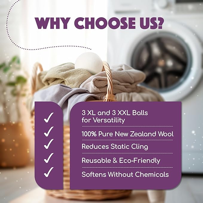 Wool Dryer Balls XL 6-Pack (3 XXL + 3 XL) – 100% New Zealand Wool, Hypoallergenic, Chemical-Free Fabric Softener – Reusable for 1,500+ Loads – Anti-Static & Baby-Safe