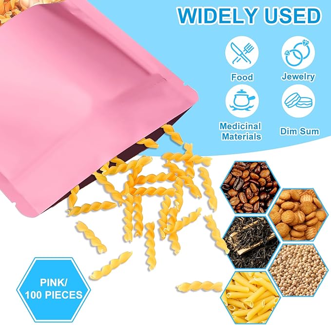 100PCS Mylar Bags for Food Storage, Smell Proof Bags Resealable Food Packaging for Small Business Stand Up Pouches with Window, 5.9" x8.7", Pink