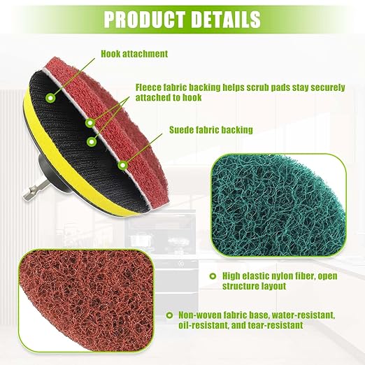 4 Inch Scrub Drill Brush Power Scouring Pads Household Cleaning Set for Kitchen Bathroom 4 Red Pads 4 Green Pads 1 Drill Attachment and 1 Universal Shaft