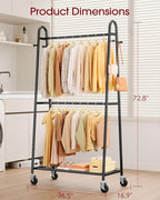 Sakugi Heavy Duty Clothes Rack, Metal Clothing Rack with Double Hanging Rods, 4 Hooks & Mesh Shelf, Freestanding Garment Rack with Triangular Design for Bedroom Closet, 36.5" x 16.9" x 72.8", Black