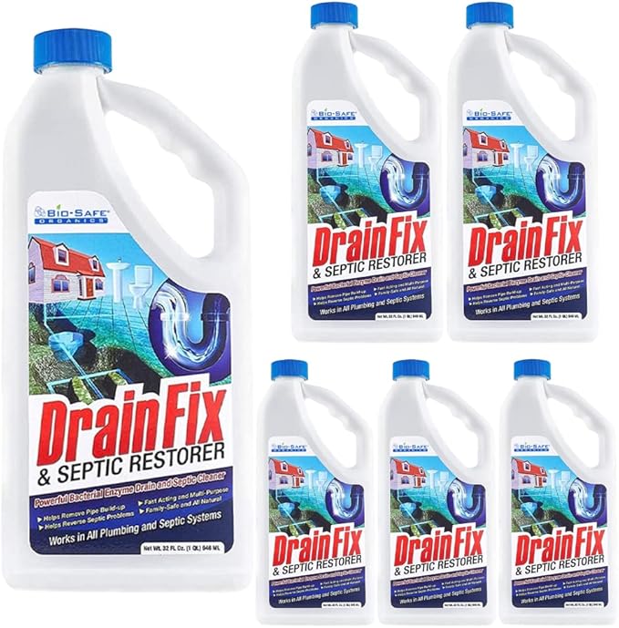 Drainfix & Septic Restorer 32 Oz Septic Tank Treatment | Drainfield Treatment | Septic Safe Drain Cleaner | Enzyme Drain Cleaner | Septic Cleaner | Exxon Valdez Patented - 6 Pack
