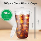 100 Pack 20 oz Clear Plastic Cups with Flat Lids and Straws, Disposable Iced Coffee To Go Cups, Plastic Smoothie Cold Drink Cup for Party, Picnic, Travel