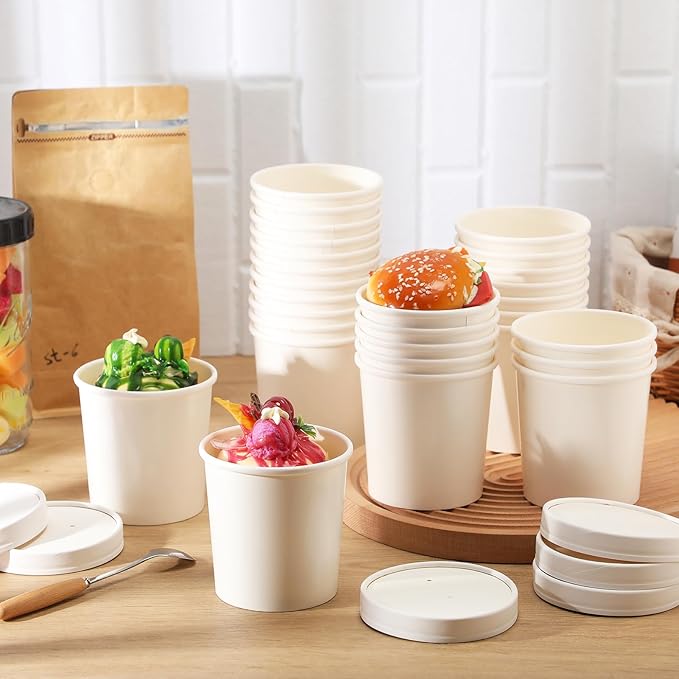 Fulmoon 100 Pack Paper Soup Containers with Lids Disposable Paper Food Containers with Vented Lids Kraft Ice Cream Bowls Soup Cup Ice Cream Cups for Restaurants(16 oz,White)