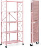 BRIAN & DANY 5-Tier Foldable Storage Shelves with Wheels, Folding Metal Rack Shelving Unit, Heavy Duty No Assembly Organizer Shelf for Garage, Kitchen, Basement, Pantry, Pink