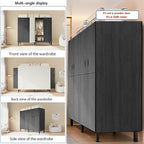 Heavy Duty Covered Clothes Rack with Magnetic Door Foldable Portable Wardrobe Closet for Hanging Clothing Rolling Black Metal Garment Rack on Wheels Closet System (Black, 49.12in)