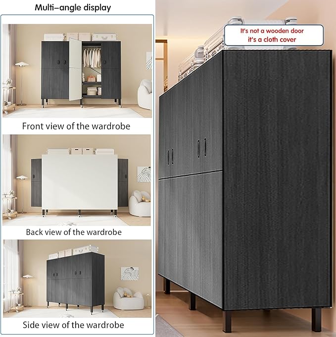 Heavy Duty Covered Clothes Rack with Magnetic Door Foldable Portable Wardrobe Closet for Hanging Clothing Rolling Black Metal Garment Rack on Wheels Closet System (Black, 49.12in)