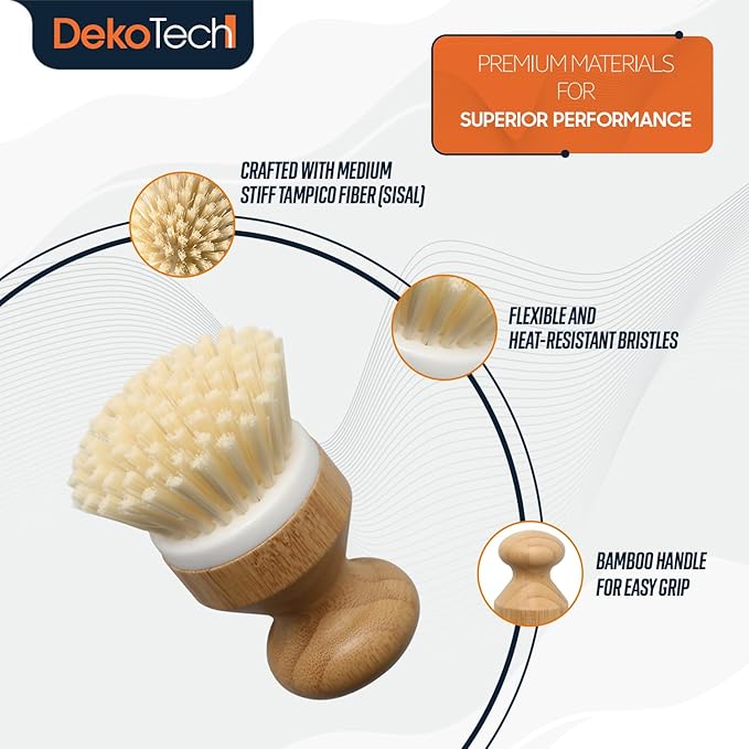 Dekotech Premium Bamboo Dish Scrub Brush Eco-Friendly & Heavy-Duty Kitchen Cleaning Tool with Durable Natural Bristles, Ergonomic Wooden Handle for Effortless Dishwashing & Surface Scrubbing
