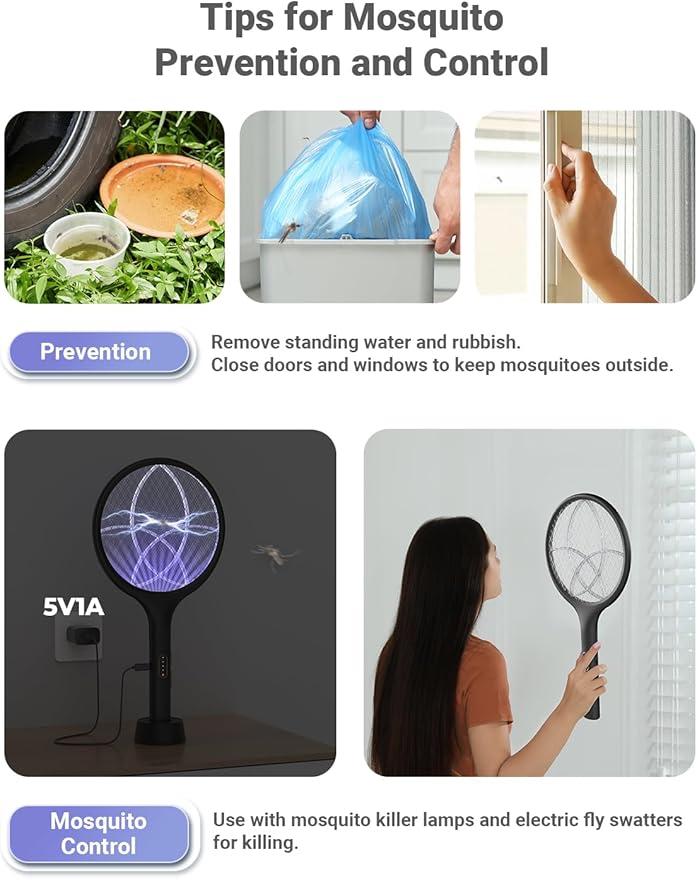 YISSVIC Electric Fly Swatter 4000V Bug Zapper Racket Dual Modes Mosquito Killer with Purple Mosquito Light Rechargeable for Indoor Home Office Backyard Patio Camping (Black-2 Pack)