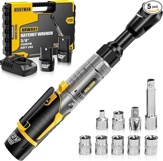 3/8" Cordless Ratchet Wrench Set, 60FT-LBS(80N.m) Electric Ratchet, 12V Extended Power Ratchet Wrench Set with Variable Speed, 6 Sockets, LED Light, 1/4" Adapter,1/2" Adapter,2 Batteries