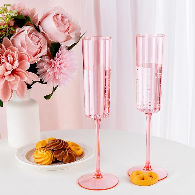 Ciaell 24 Pack Pink Plastic Champagne Flutes - 6 Oz Flower Wavy Champagne Glasses - Heavy Duty Vintage Disposable Glassware for Party & Anniversary & Wedding