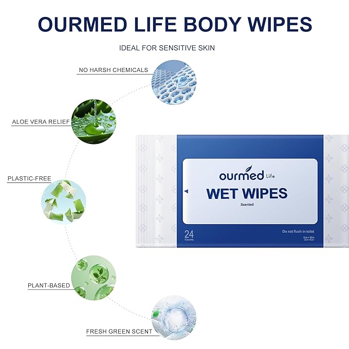 Ourmed Life Rinse-Free Body Wipes for Adults Bathing - Extra Large 8" x 10", Thick Aloe Shower Wipes, Cleansing Wipes for Elderly, Camping, Hiking, GYM, Travel, Body Wipes 144 Count (Plant Fragrance)