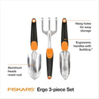 Fiskars 3-in-1 Garden Tool Set, Polished Cast-Aluminum Heads for Rust Resistance, Heavy-Duty Trowel, Transplanter & Cultivator for Digging and Planting, Non-Slip SoftGrip Handles Reduce Fatigue