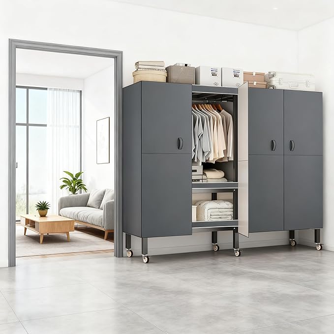 Foldable Portable Armoire Wardrobe Closet for Hanging Clothes Rack, Heavy Duty Covered Clothes Rack with Cover(HARDBOARD Magnetic), Closet Garment Rack for Bedroom Storage (KT Grey, 66.14in)