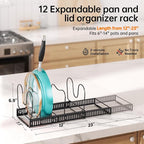MUDEELA Expandable Pots and Pans Organizer Rack under Cabinet, Pots Lid Organizer Rack for Kitchen Cabinet Organizers and Storage with 12 Adjustable Dividers Cutting Board Holder & Anti-Scratch Strips