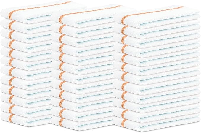 STF Linen Bar Mops Gold Stripe Pack of 36 Kitchen Towels 16x19 Multi-Purpose for Home, Restaurant and Cleaning White Absorbent Washcloth Dishcloths Sets, Reusable Dish, Cloths Rags