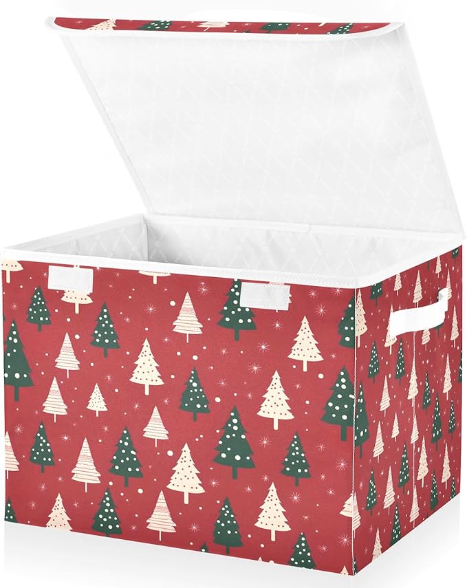 Large Storage Bins with Linen Collapsible Foldable Storage Cubes Fabric Closet Organizer Containers box with Flip-Top Lid for Home Bedroom Office 16.7 x 12.6 x 11.8in (Linen-red Christmas Trees)