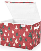 Large Storage Bins with Linen Collapsible Foldable Storage Cubes Fabric Closet Organizer Containers box with Flip-Top Lid for Home Bedroom Office 16.7 x 12.6 x 11.8in (Linen-red Christmas Trees)