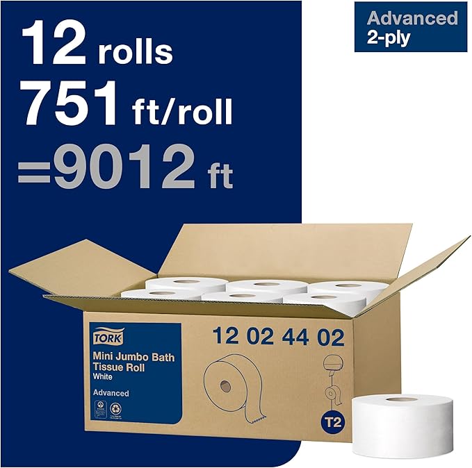 Tork Matic Extra Soft Paper Hand Towel Roll White with Blue Leaf H1 (6 Rolls) and Tork Mini Jumbo Toilet Paper Roll White T2 (12 Rolls)