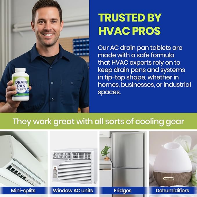 Drain Pan Tabs - 200 Tablets, AC Drain Line Cleaner, Fast-Acting Treatment for HVAC, Window Units, Mini-Splits, Dehumidifiers, Refrigerators - Lasts Up to 4 Weeks, No Residue, Water-Soluble