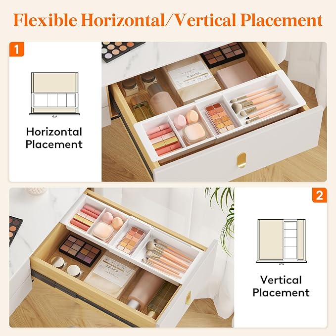 Lifewit 2 Pack Sliding Makeup Drawer Organizer Trays with Inserts, Extendable Hanging Desk Drawer Divider, Fits 13-20" Deep Drawers, 1.8" High Plastic Organizer Tray for Vanity, Office, Kitchen, White